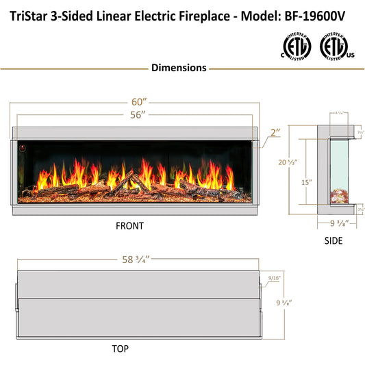 Ignara 3-Sided 60 Inch Linear Electric Fireplace - BL-19600