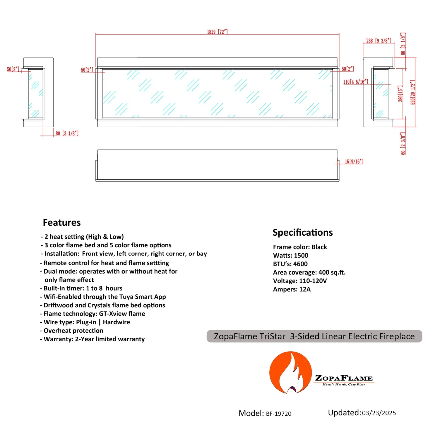 Ignara Three Sided 72Inch Linear Smart Electric Fireplace - BL-19720