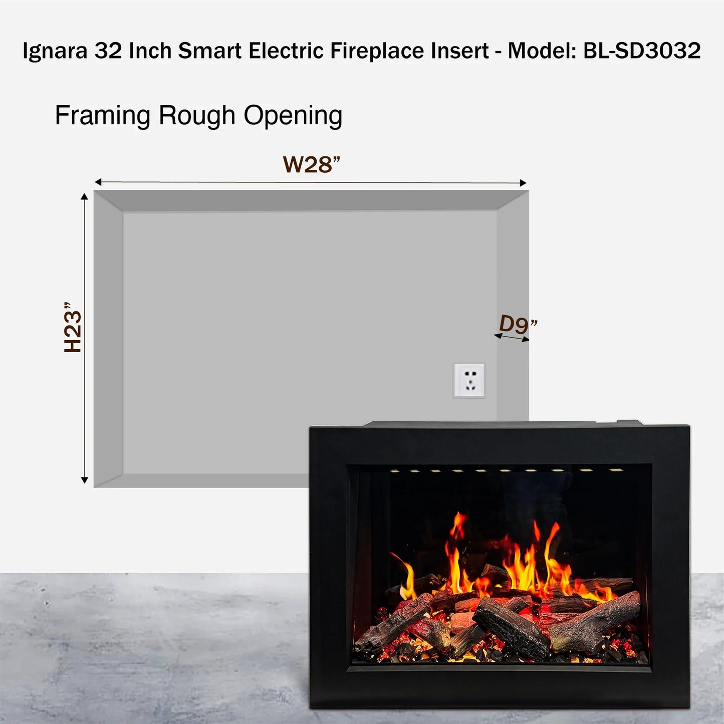 Electric fireplace insert with dimensions and power outlet illustration on a gray background