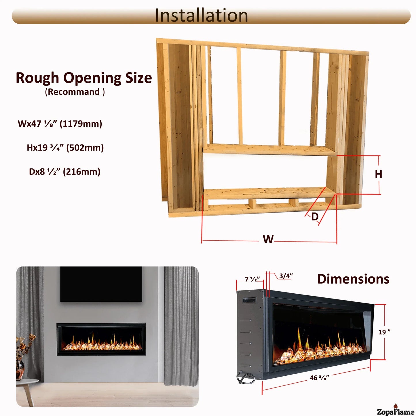 ZopaFlame™ 46" Linear Built-in Electric Fireplace - BC19455V - ZopaFlame Fireplaces