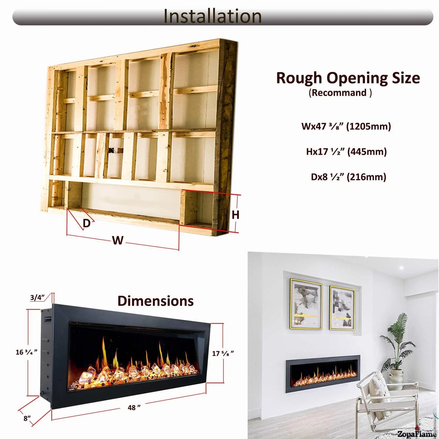 ZopaFlame™ 47" Linear Wall-mount Electric Fireplace - BC17488X - ZopaFlame Fireplaces