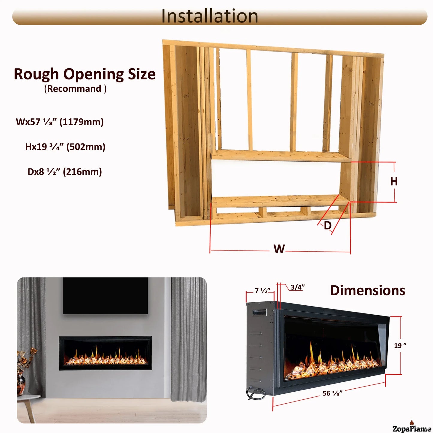 ZopaFlame™ 56" Linear Built-in Electric Fireplace - BC19555V - ZopaFlame Fireplaces