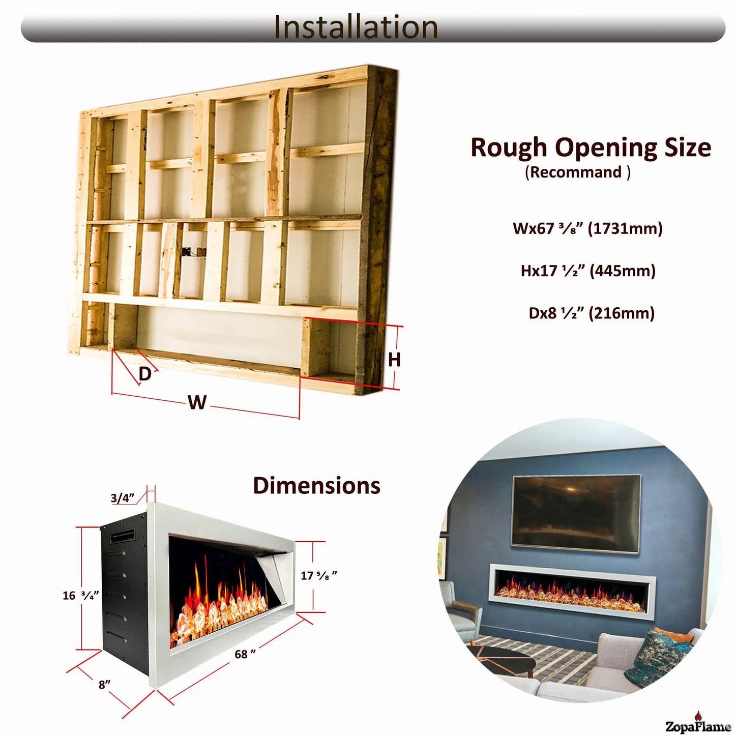 ZopaFlame™ 67" Linear Wall-mount Electric Fireplace - WC17688X - ZopaFlame Fireplaces