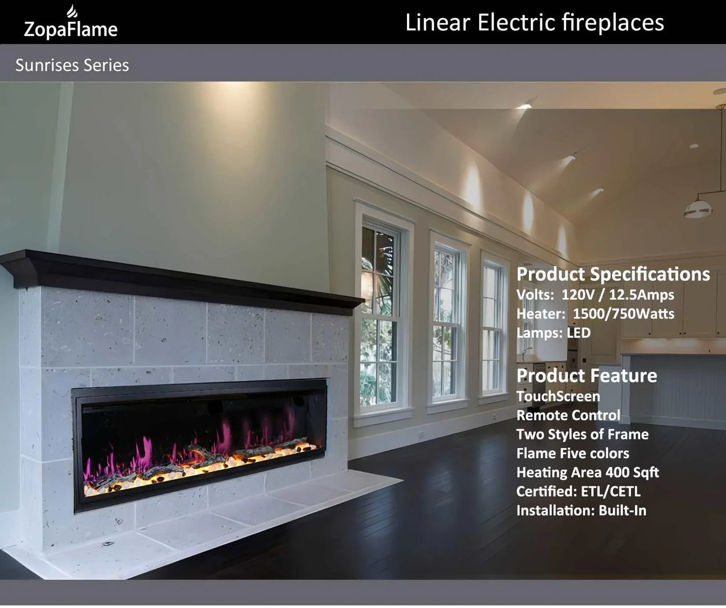 ZopaFlame™ 76" Linear Built-in Electric Fireplace - BP19755V - ZopaFlame Fireplaces