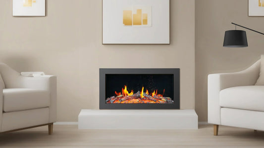 Small living room with a modern wall-mounted electric fireplace above a media console