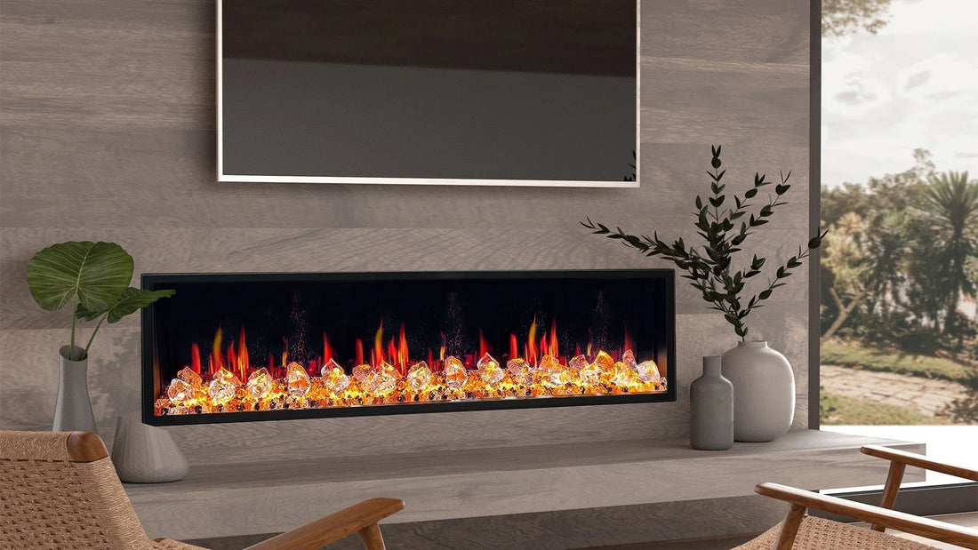Modern living room with wall-mounted TV above an electric fireplace