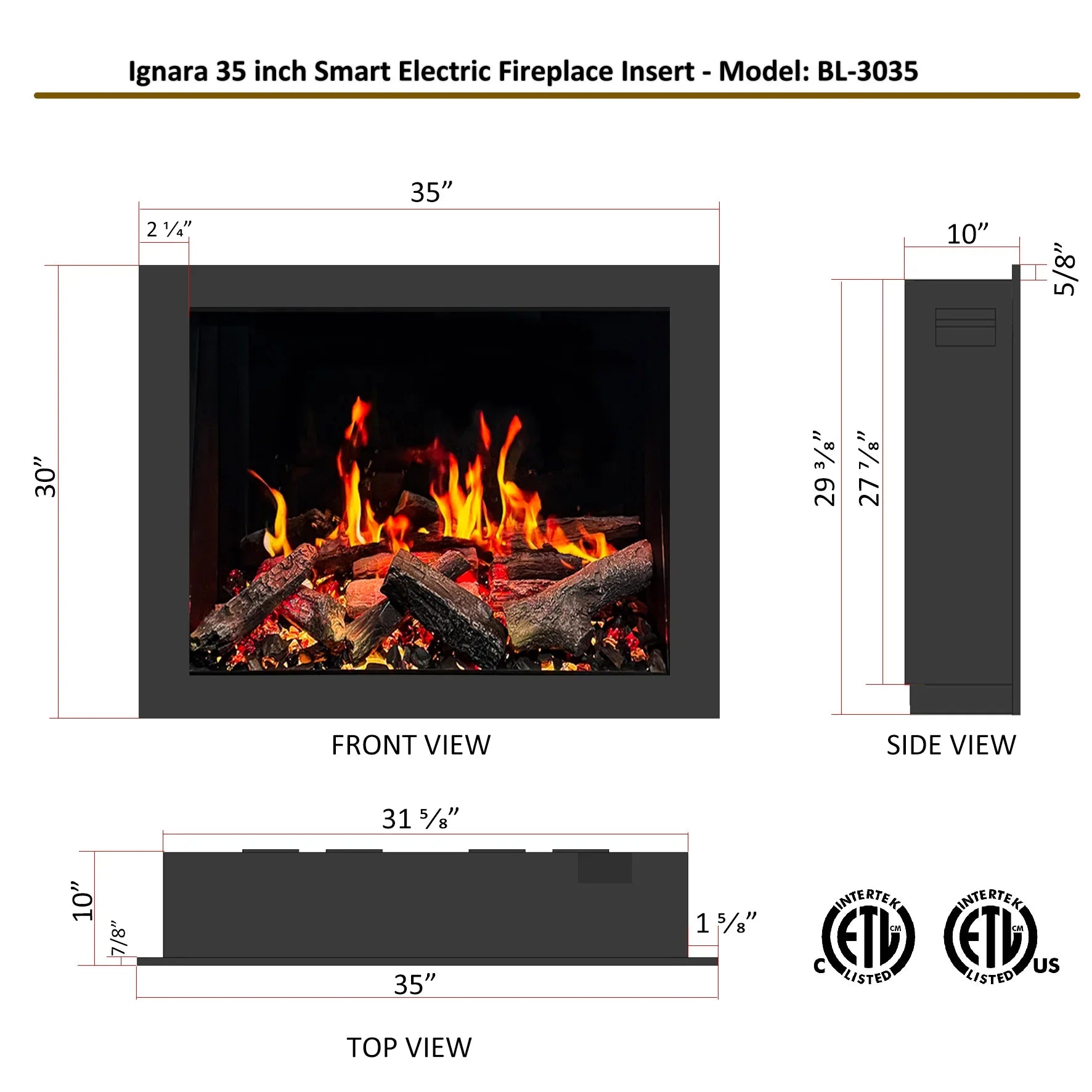 Dimensions of Ignara 35-inch Smart Electric Fireplace Insert with front, side, and top views.