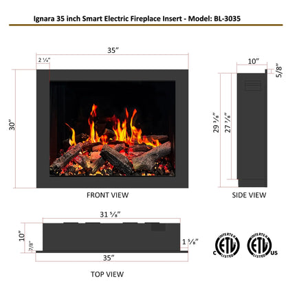 Dimensions of Ignara 35-inch Smart Electric Fireplace Insert with front, side, and top views.