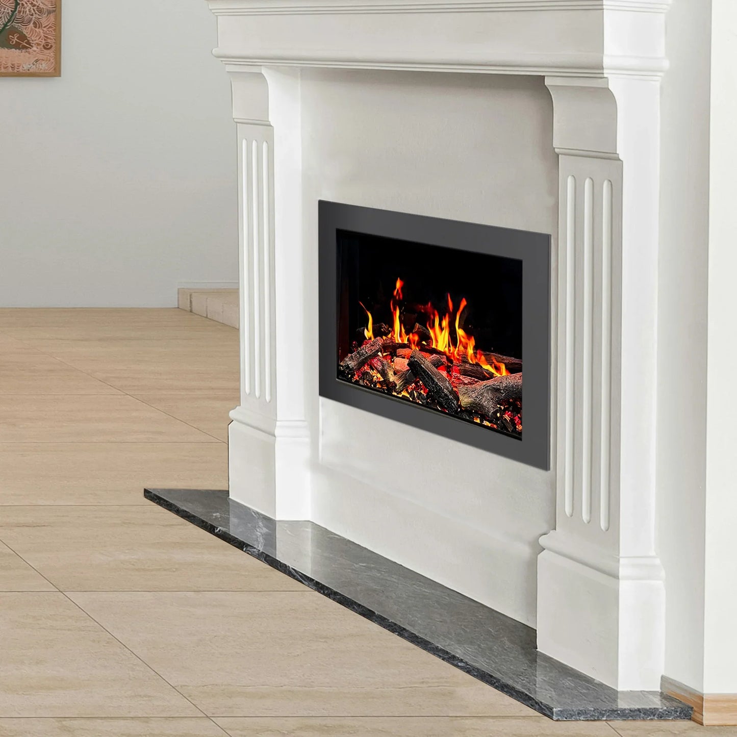 Electric fireplace insert with flames in a white mantelpiece.