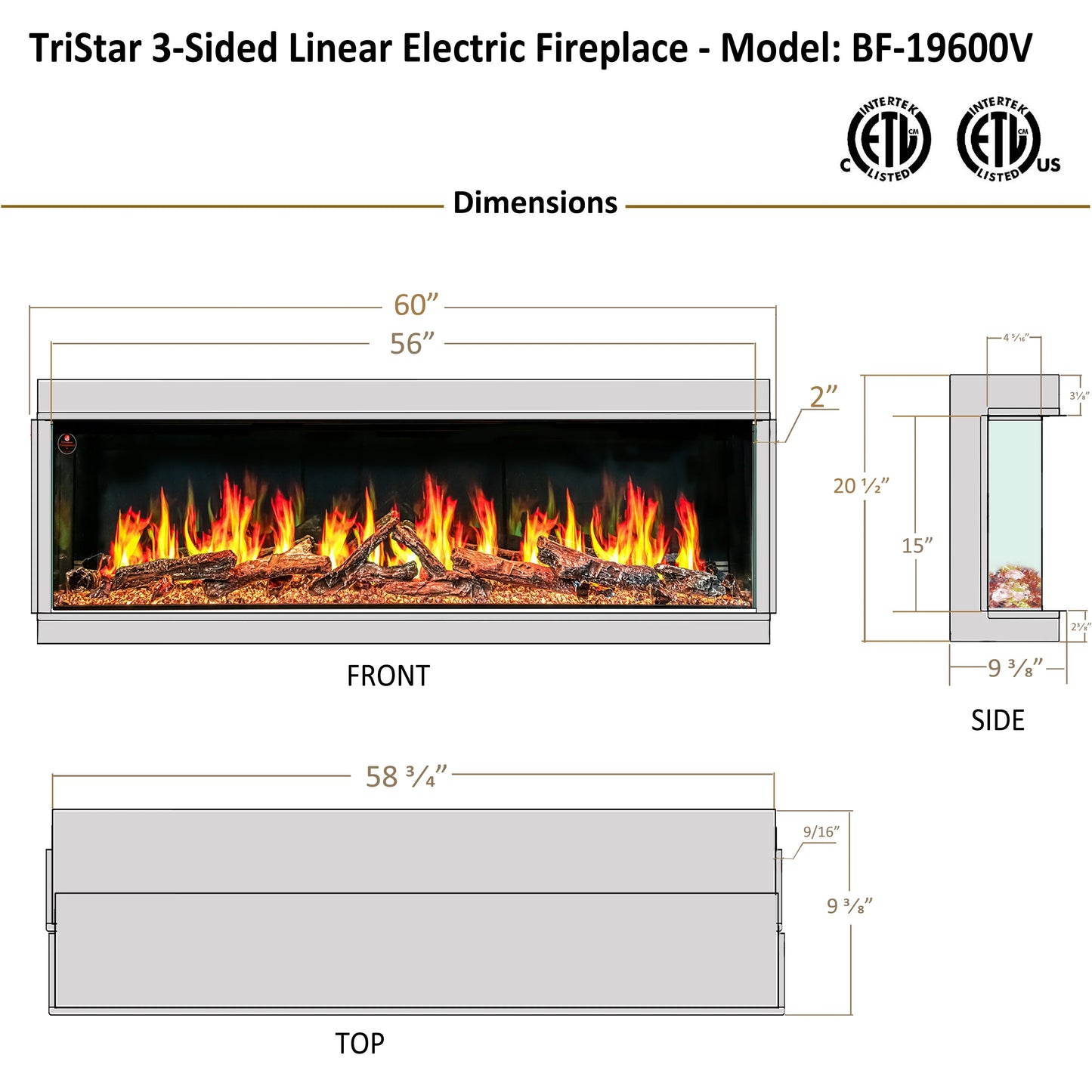Ignara 3-Sided 60 Inch Linear Electric Fireplace - BL-19600