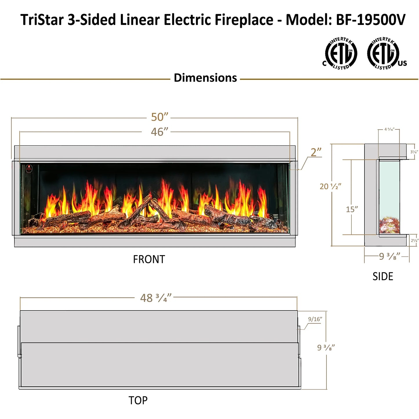 Ignara 3-Sided 50 Inch Linear Electric Fireplace - BL-19500