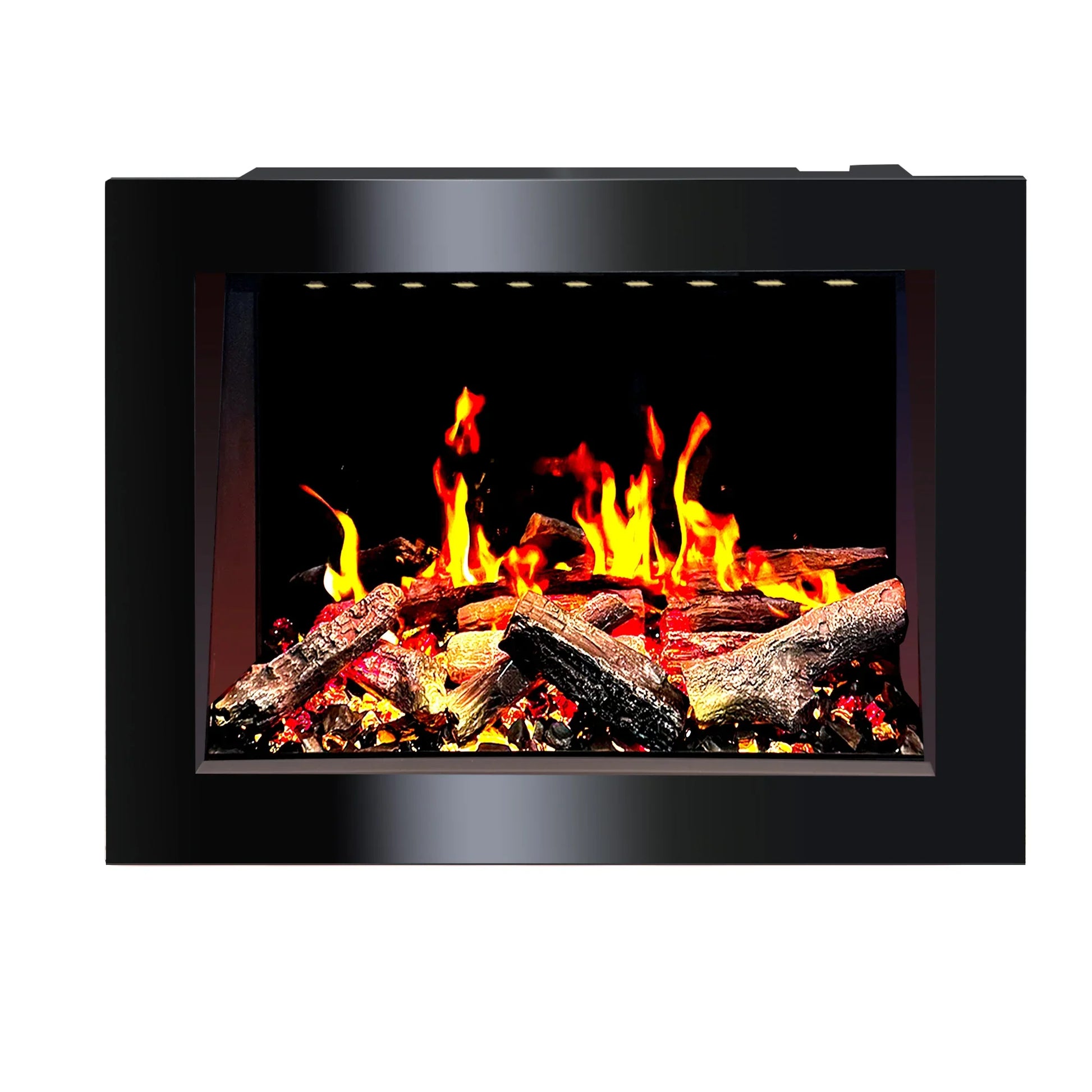 Digital fireplace insert 32 inch with flames and logs on a white background
