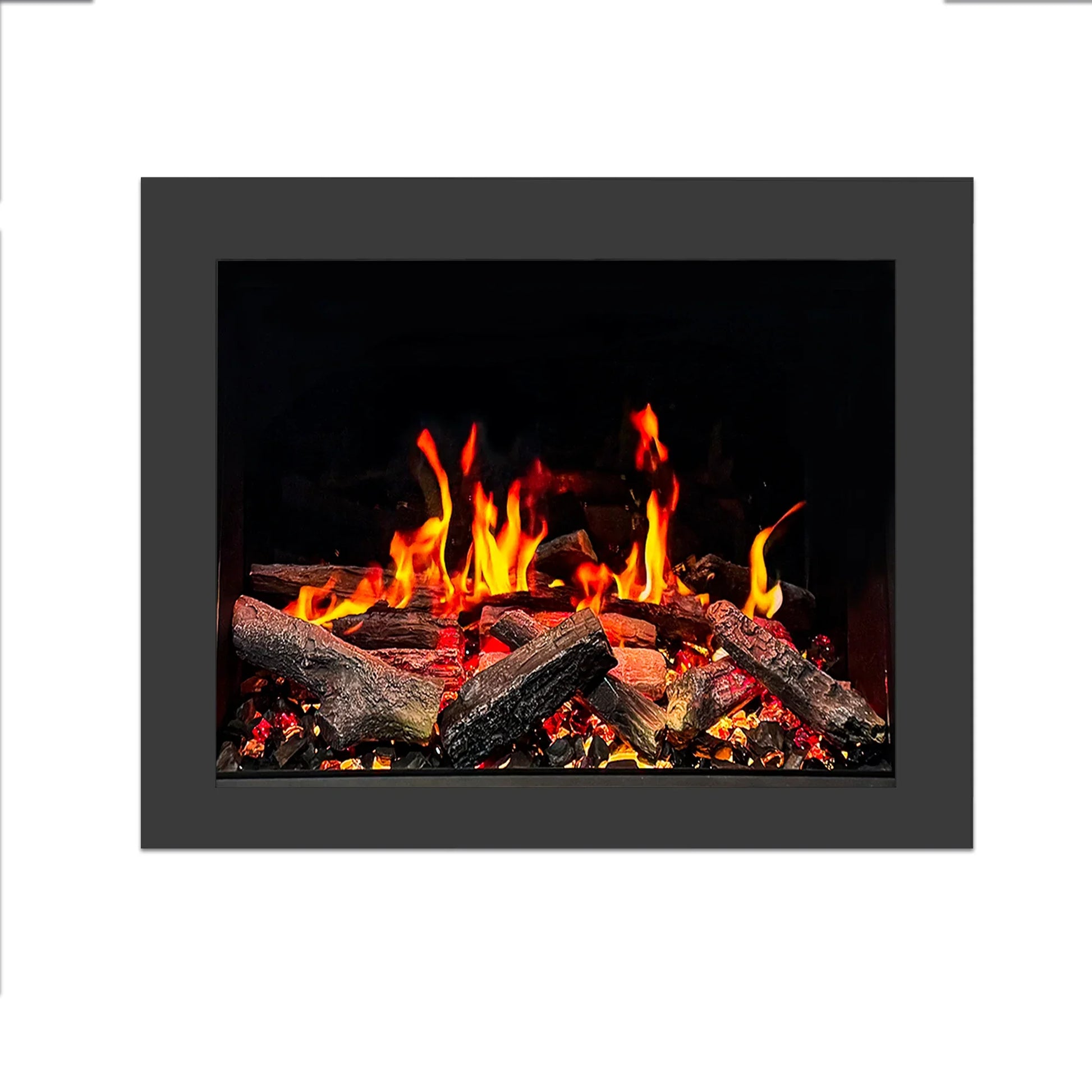 Fireplace insert 35” with burning logs and flames inside a black frame on a white background