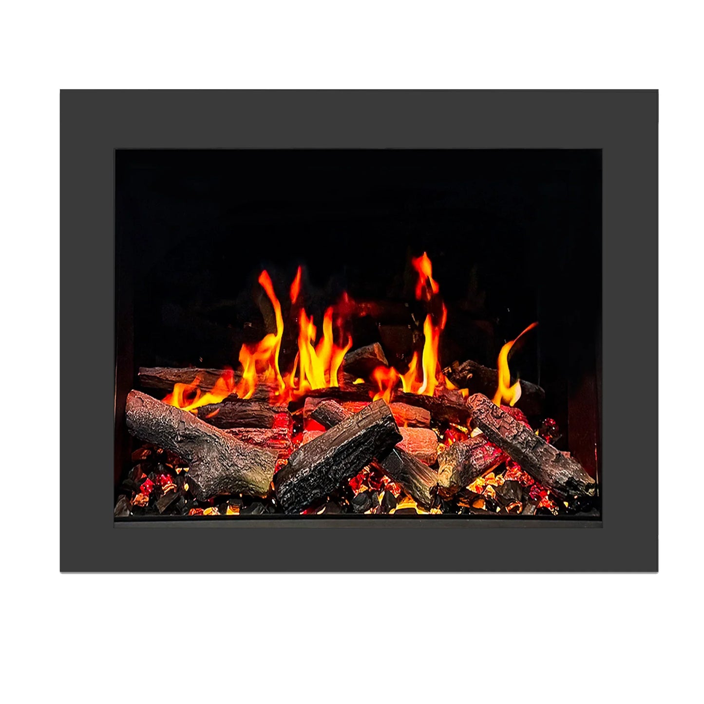 Fireplace insert 35 inch with burning logs and flames inside a black frame