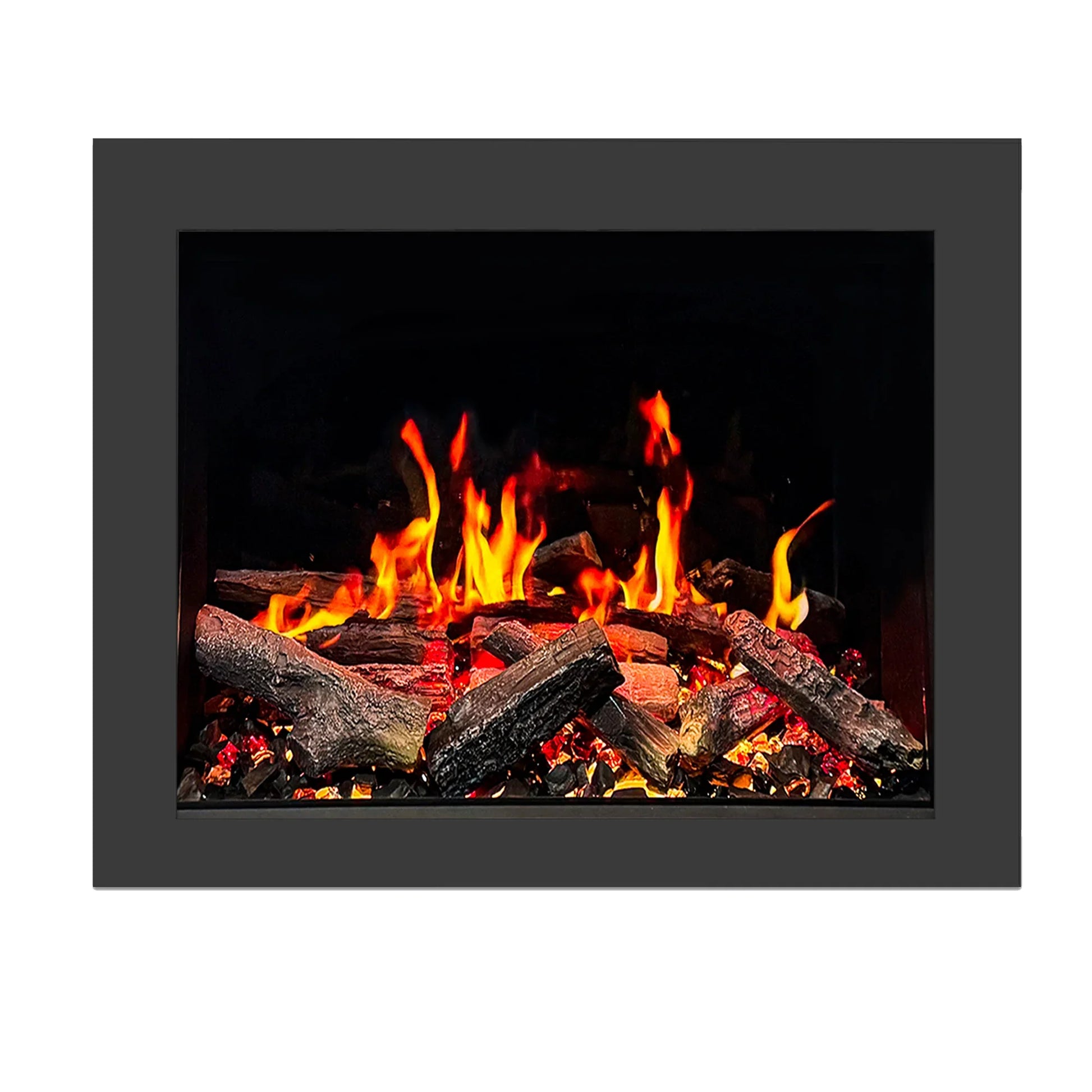 Fireplace insert 35 inch with burning logs and flames inside a black frame