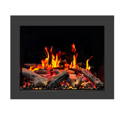 Fireplace insert 35 inch with burning logs and flames inside a black frame