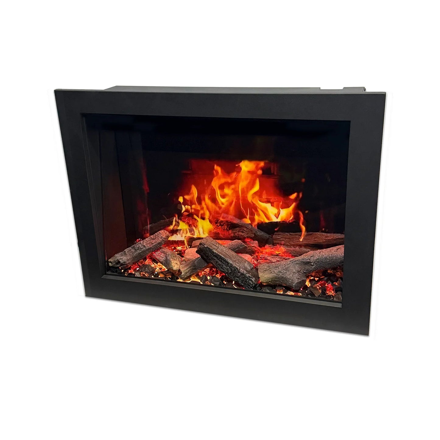 Side view Black framed fireplace with glowing logs and flames on a white background