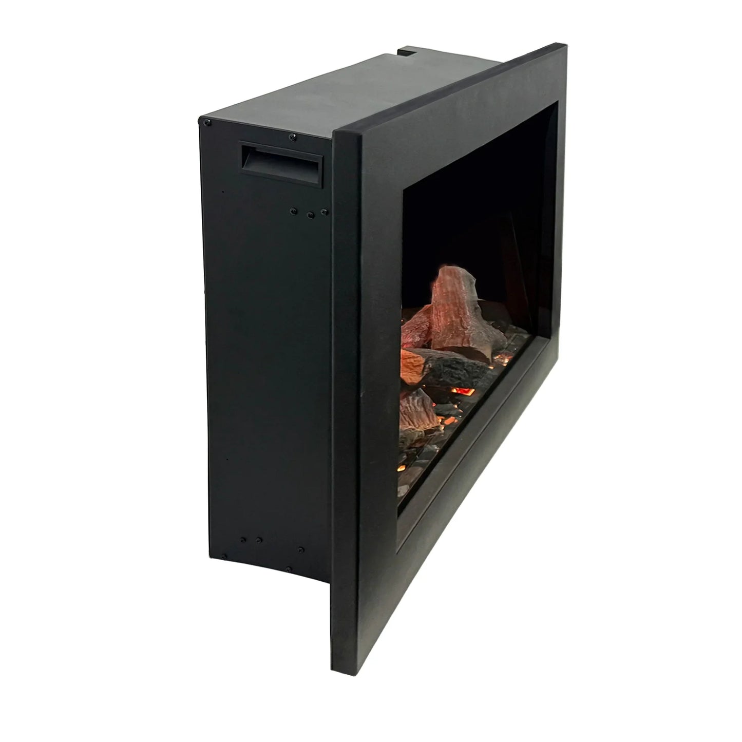 Black electric fireplace insert with glowing embers on a white background