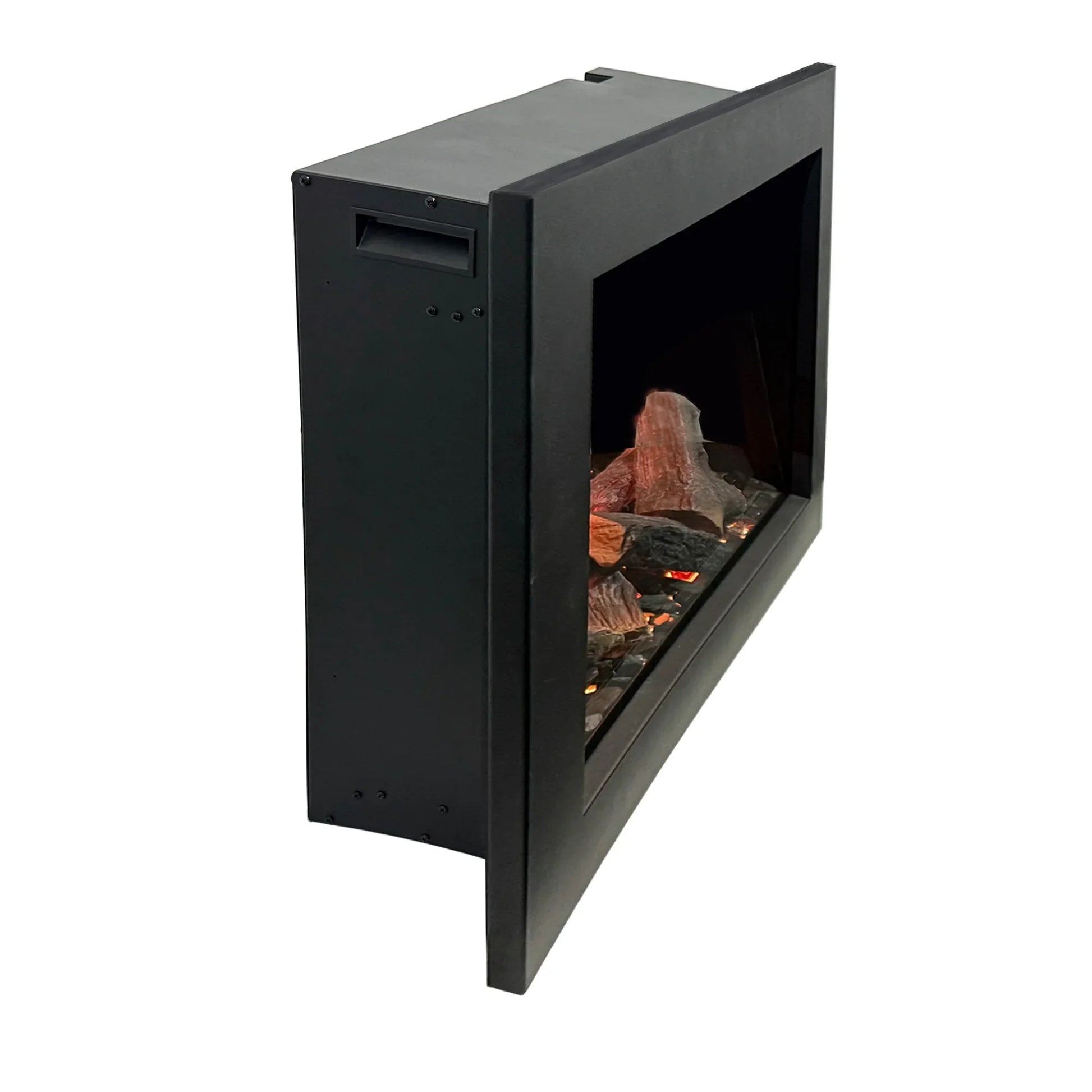 Black electric fireplace insert with glowing embers on a white background