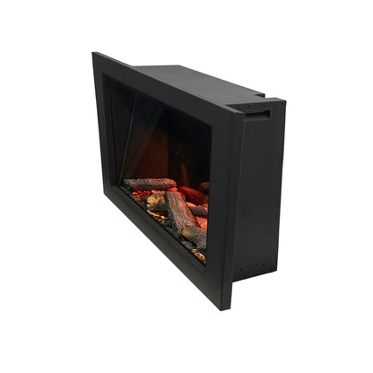 Black electric fireplace insert 35"  with glowing embers on a white background