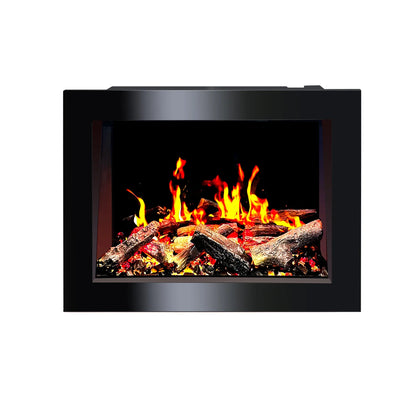 Black framed electric fireplace insert  32 inch with glowing logs and flames on a white background