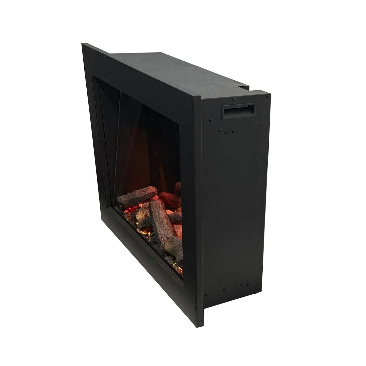 Black electric fireplace insert with glowing embers on a white  side view background