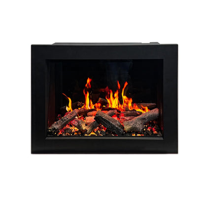 Black framed electric fireplace with glowing logs and flames on a white background