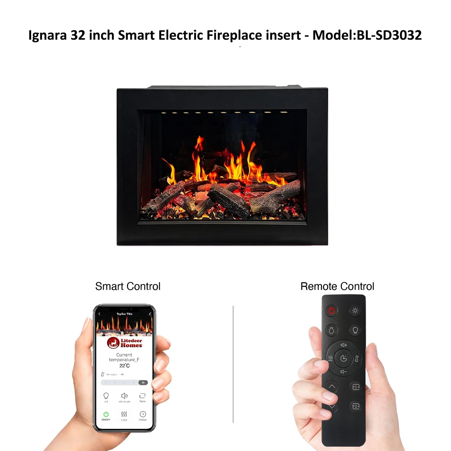 Ignara 32 inch Smart Electric Fireplace insert with smartphone and remote control display.