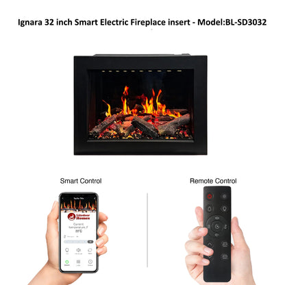 Ignara 32 inch Smart Electric Fireplace insert with smartphone and remote control display.