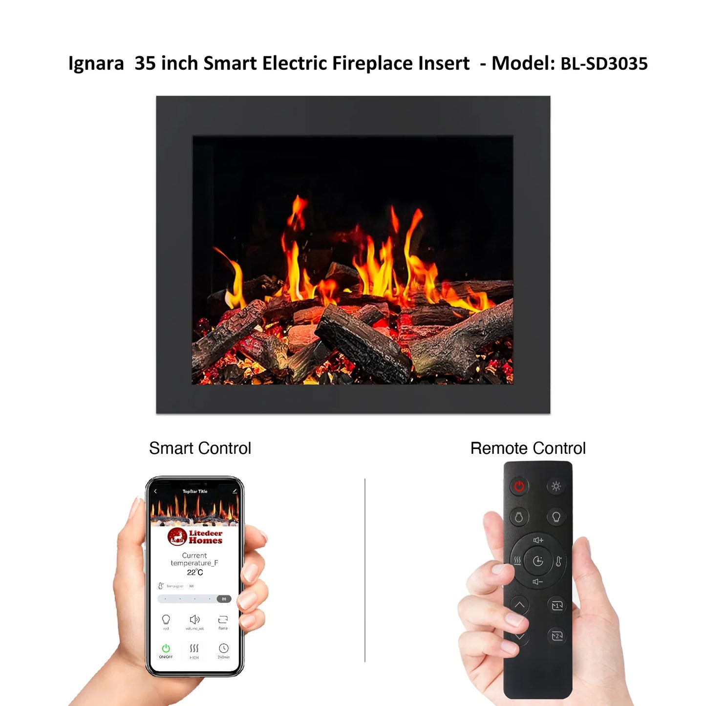 Ignara 35 inch Smart Electric Fireplace Insert with smartphone and remote control display.