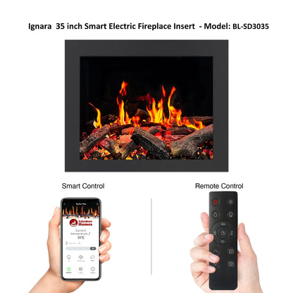Ignara 35 inch Smart Electric Fireplace Insert with smartphone and remote control display.