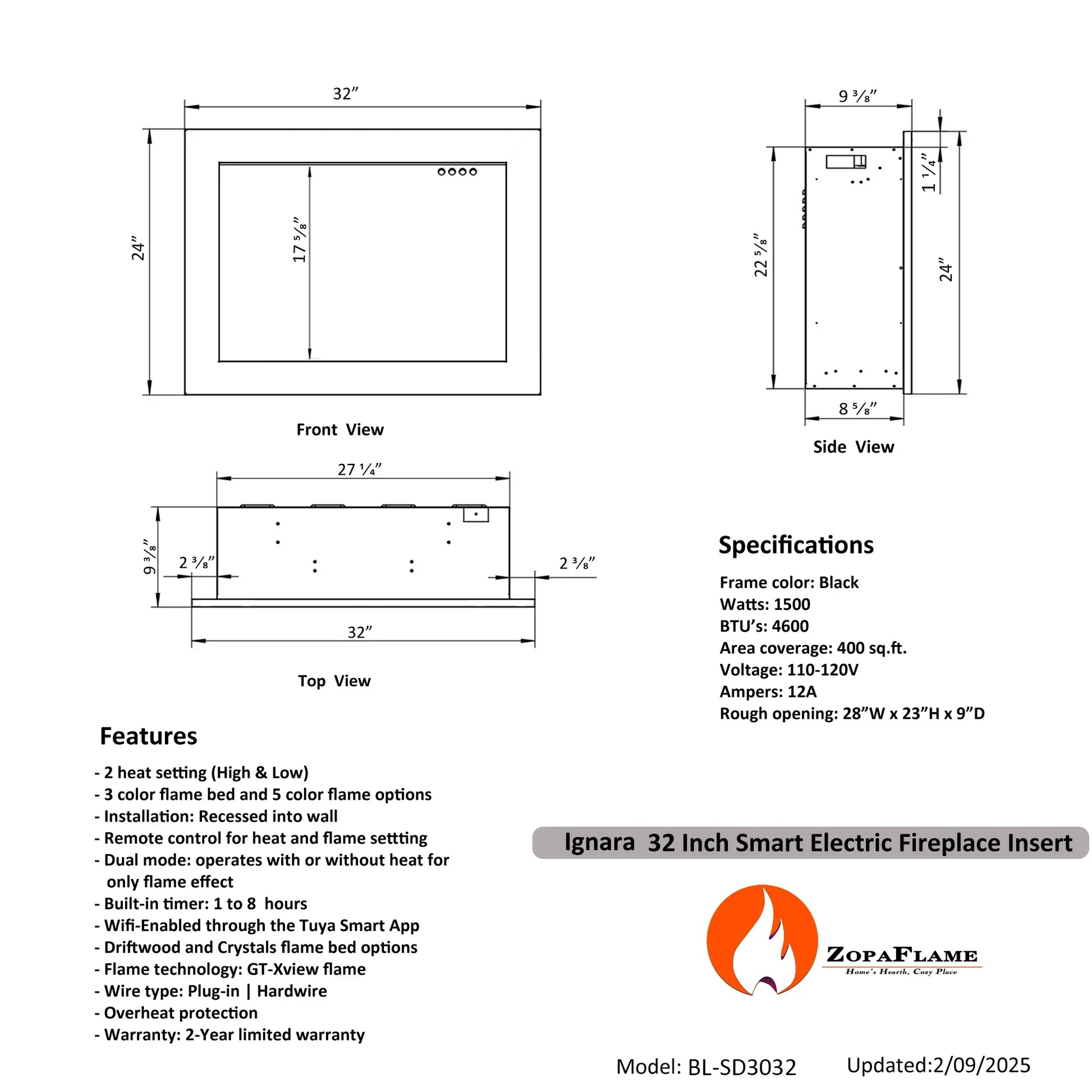 Technical drawing and specifications of a ZopaFlame Ignara 32-inch smart electric fireplace insert.
