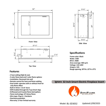 Technical drawing and specifications of a ZopaFlame Ignara 32-inch smart electric fireplace insert.