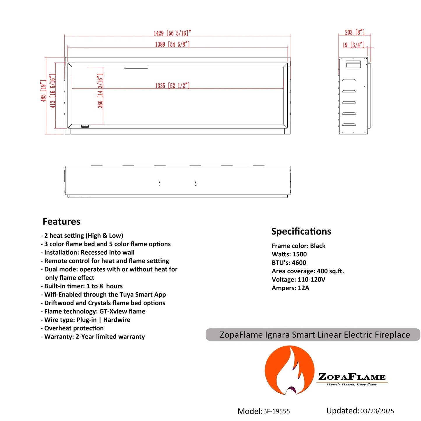 Linear Electric Fireplace - with Built-in Fish Tank - BF-19555