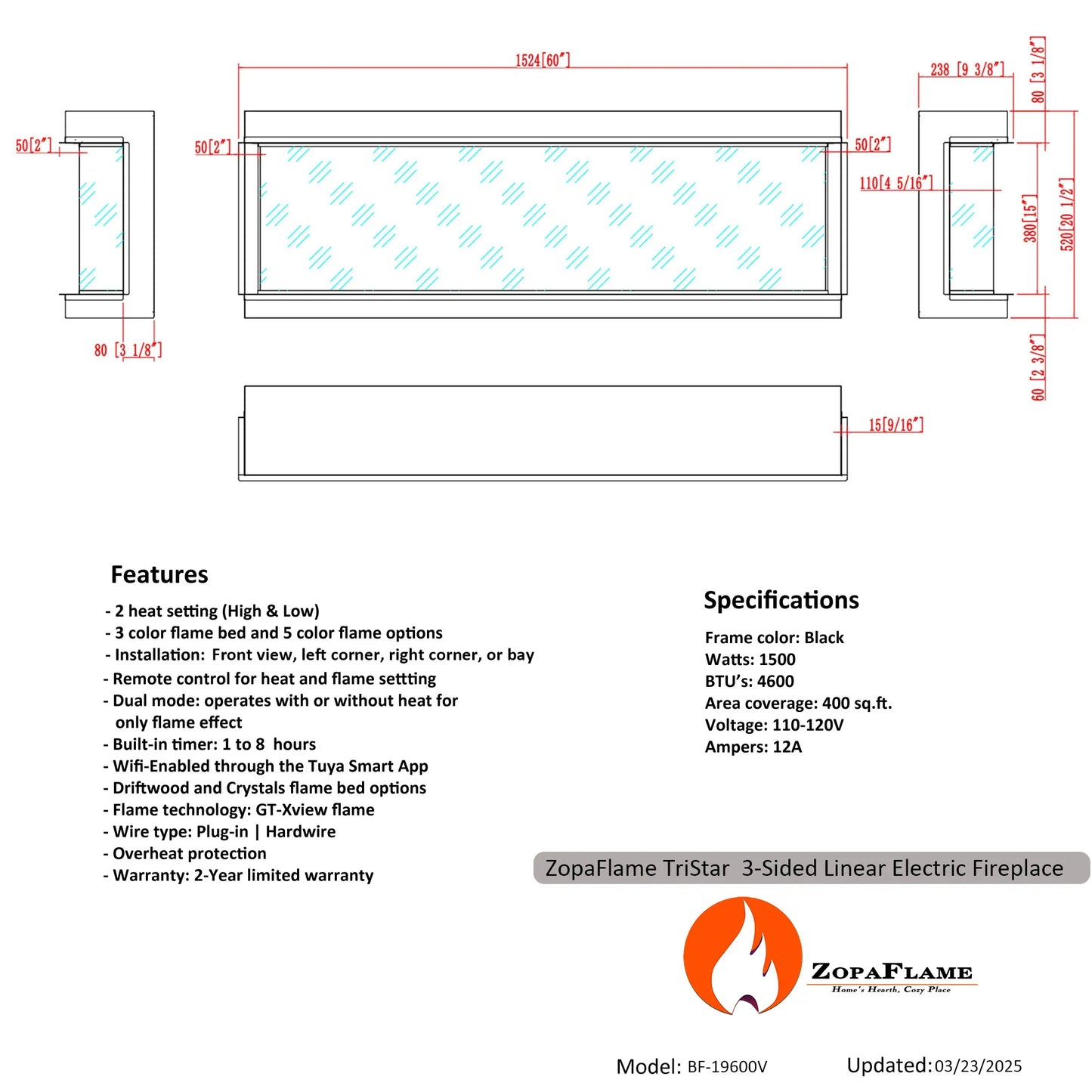 Ignara 3-Sided 60 Inch Linear Electric Fireplace - BL-19600