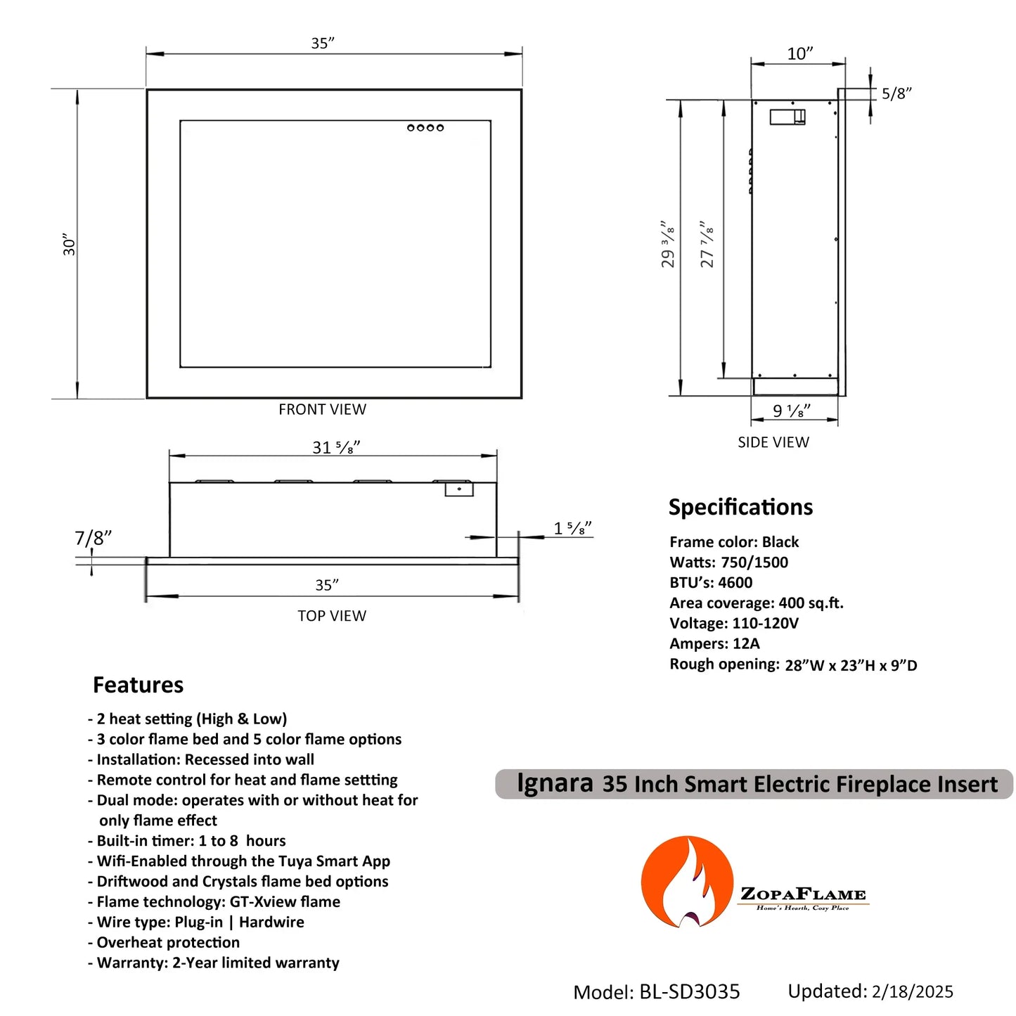 Technical drawing and specifications of a ZoplaFlame Ignara 35-inch smart electric fireplace insert.