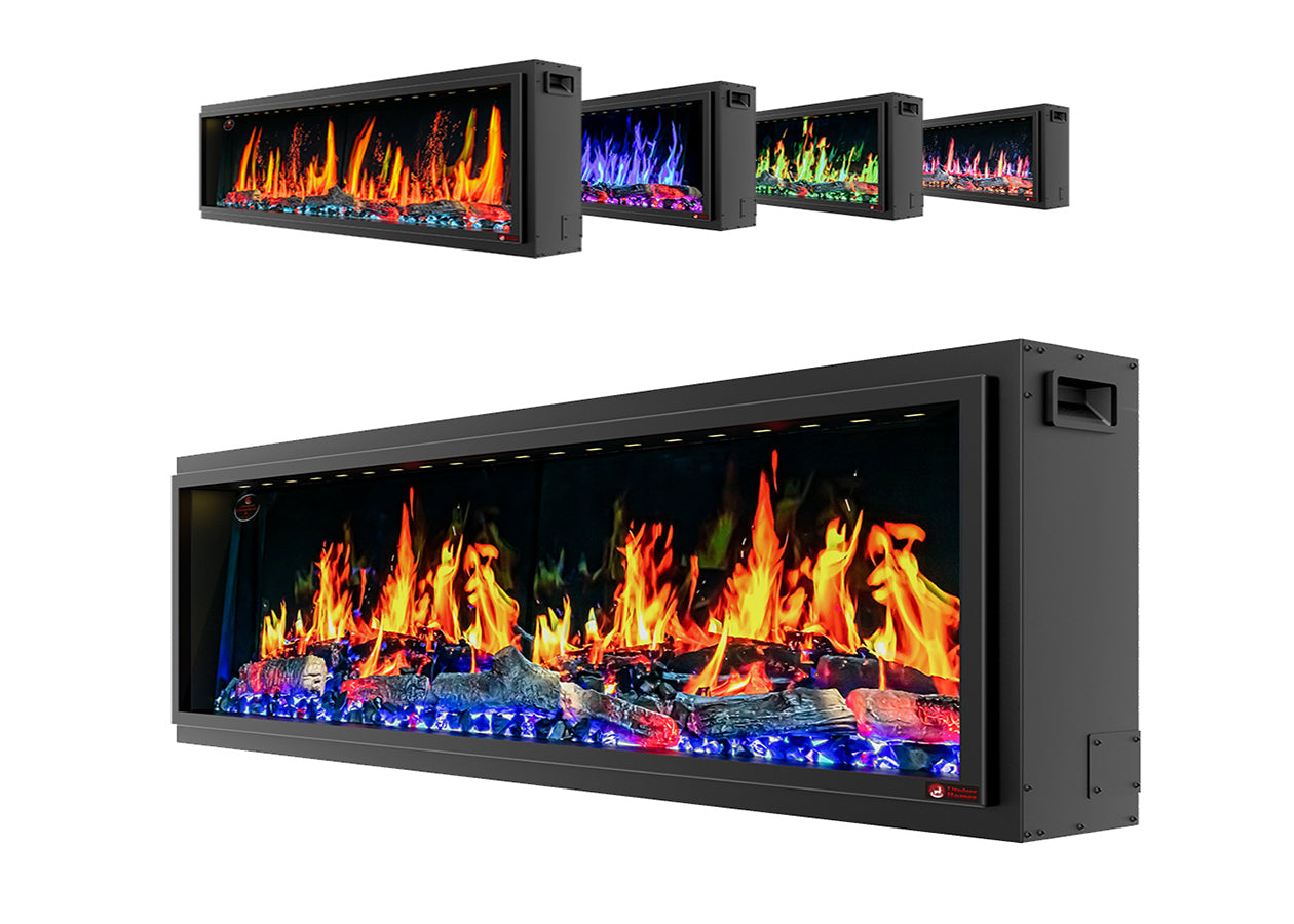 Renova fireplaces available in multiple sizes from 50 to 100 inches