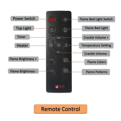 Remote control with labeled buttons for a fireplace or similar device on a white background.