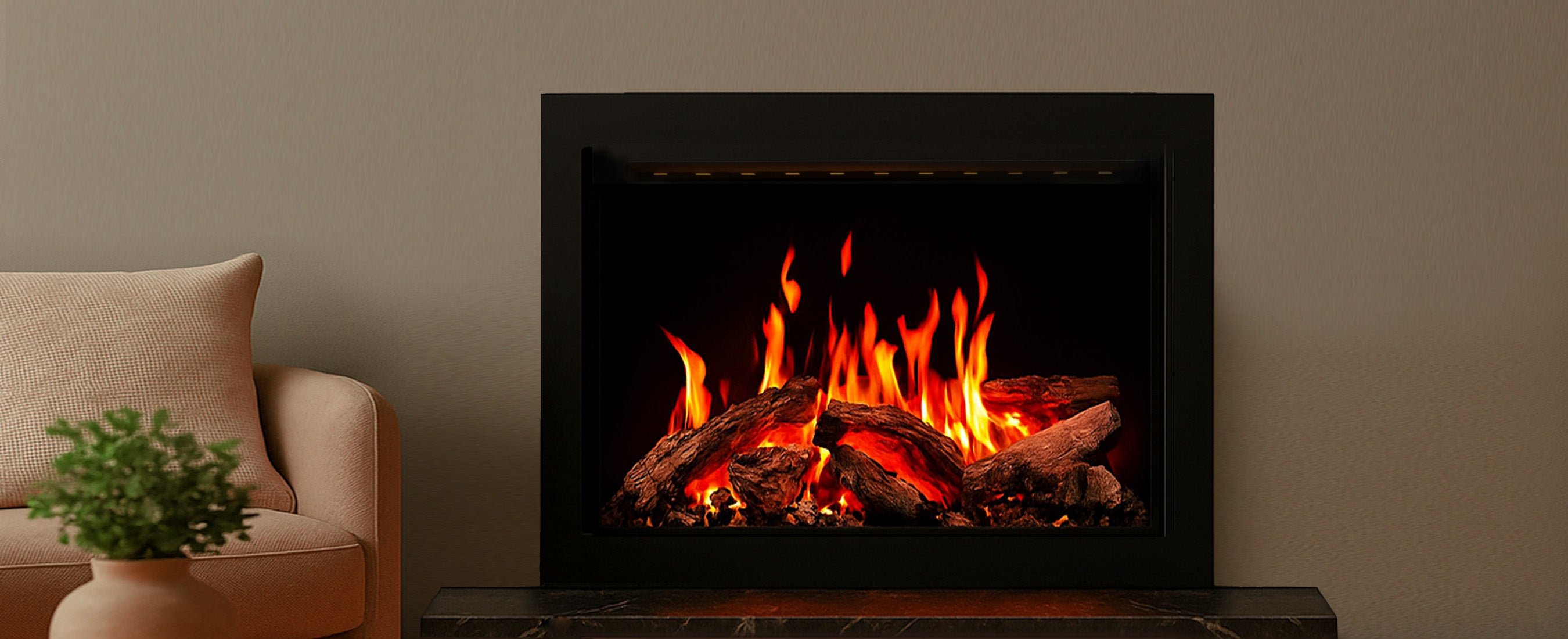 Modern living room with Ignara Series electric fireplace insert featuring glowing breathing logs and top light ambiance.