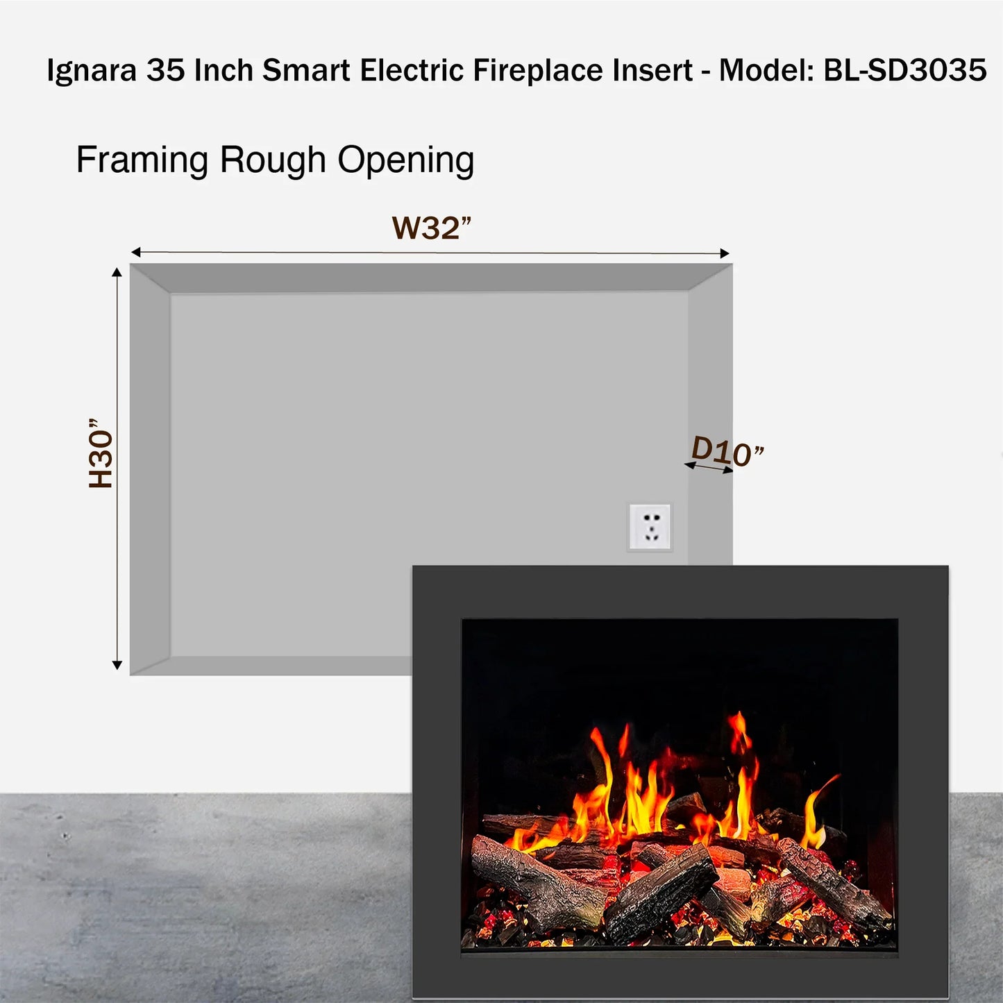 Ignara 35 Inch Smart Electric Fireplace Insert with dimensions and rough opening requirements on a gray background.
