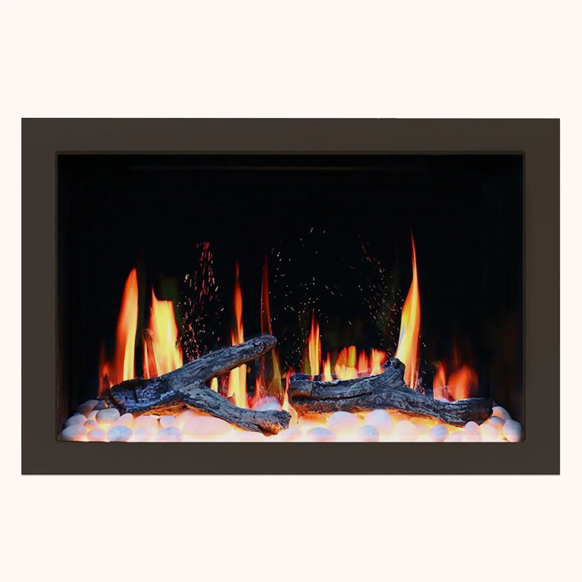 Fireplace insert 30 inch with flames and decorative logs on a white background