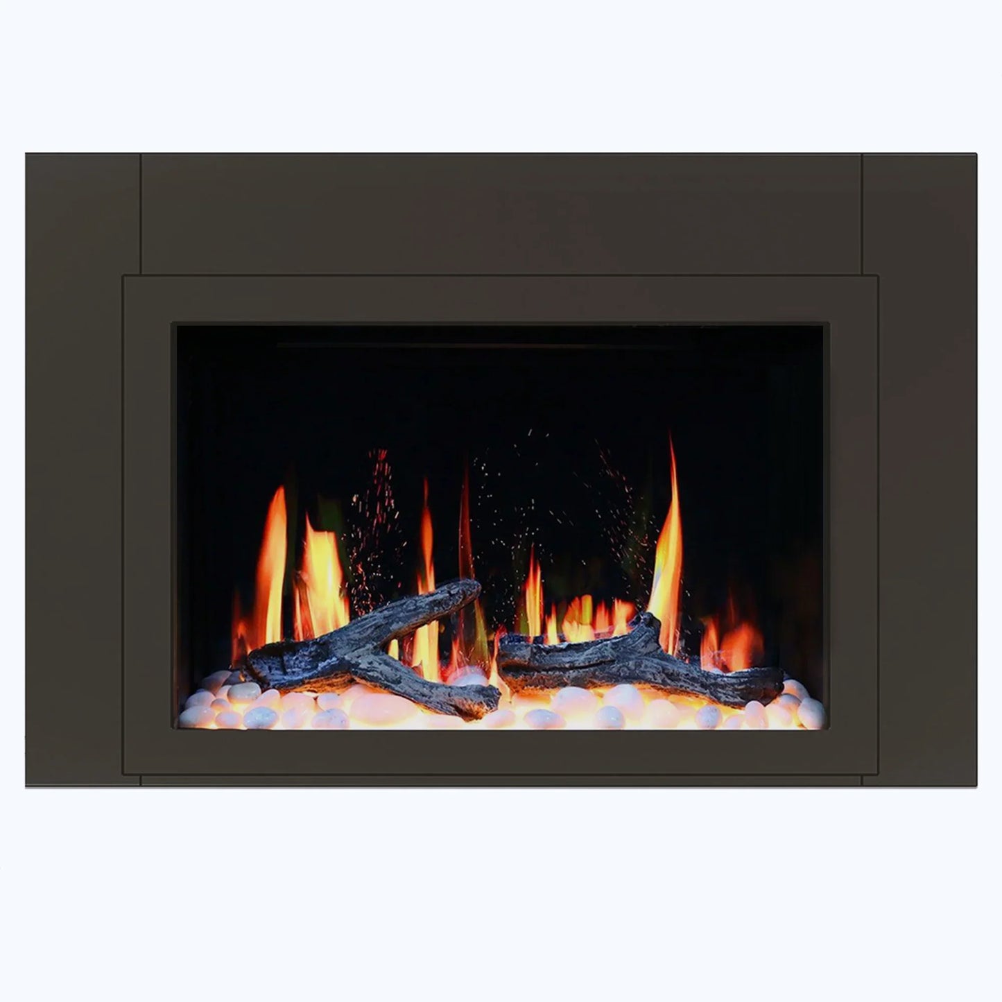 Modern electric fireplace insert  38 inch with flames and decorative logs on a white background