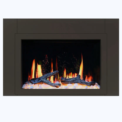 Modern electric fireplace insert  38 inch with flames and decorative logs on a white background
