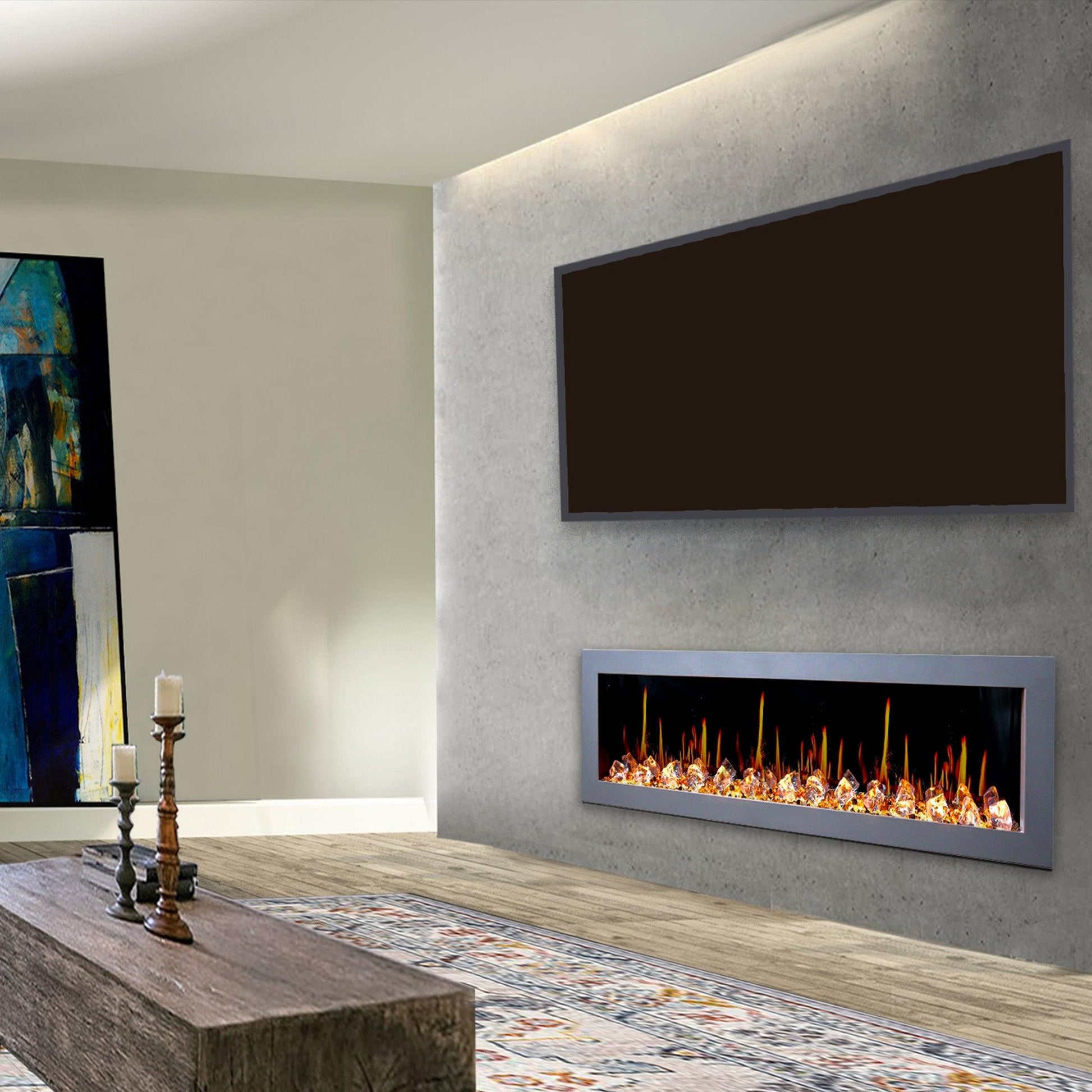Chimenea eléctrica inteligente de montaje en pared lineal de 78 pulgadas -  Cristales - Detalles plateados – ZopaFlame Fireplaces
